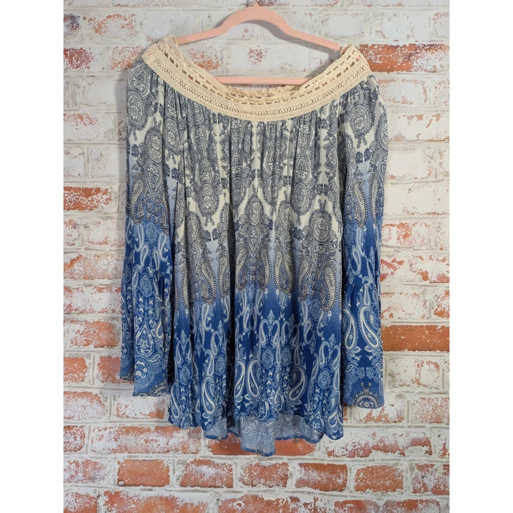 Blu‎ Pepper BOHO Blouse Womens Large Blue Crochet Bell Sleeve